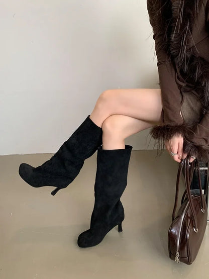 Street Style Round Toe Knee-High Women Boots – Punk Thin High Heels, Female Long Booties for Winter