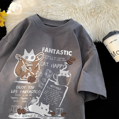 Oversized Cartoon Cat T-Shirt – Unisex Korean Style, Casual Short Sleeve Couple Tee
