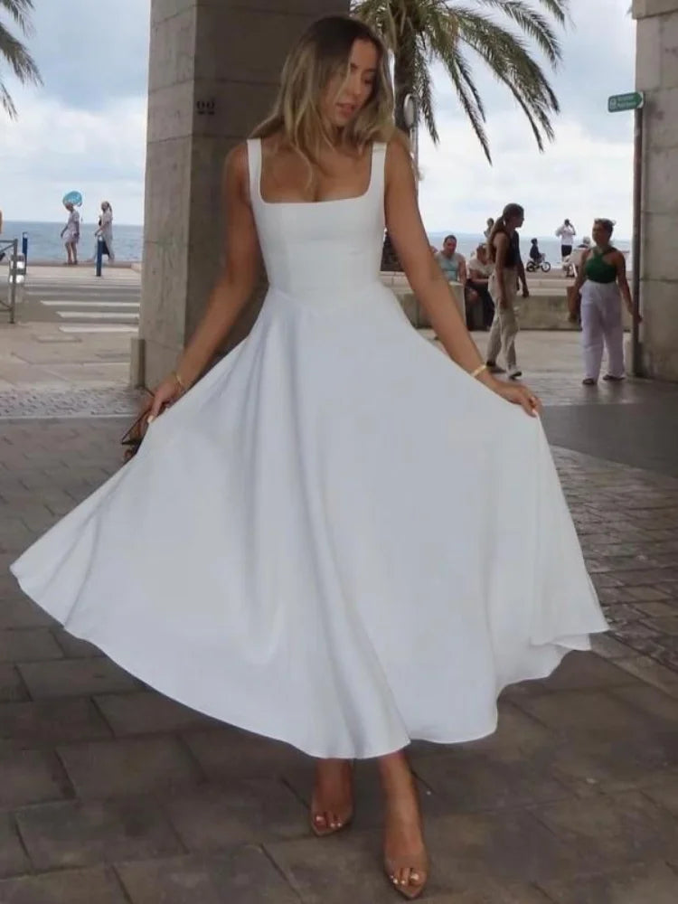 Elegant White High Waist Women's Dress Fashion Square Neck Sleeveless A-line