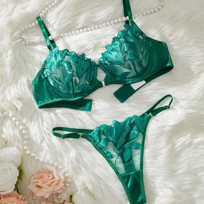 Floral Embroidery Sexy Lingerie Set – Women Transparent Bralette, Underwire Push Up Bra, Panty 2-Piece Set