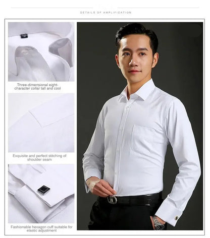Men's French Cuff Formal Shirt – New White Long-Sleeved Business Button Shirt, Regular Fit With Cuff Buttons