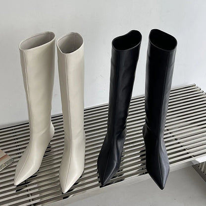 Pointed  Low Heels Knee Long Boots Women's PU