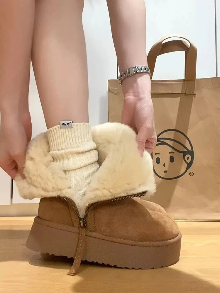 Thick Cotton Boots with Added Fleece – New Warm Fur Integrated Short Tube Thick Sole Snow Boots, Women's Side Zipper