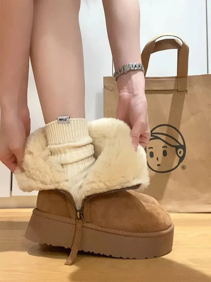 Thick Cotton Boots with Added Fleece – New Warm Fur Integrated Short Tube Thick Sole Snow Boots, Women's Side Zipper