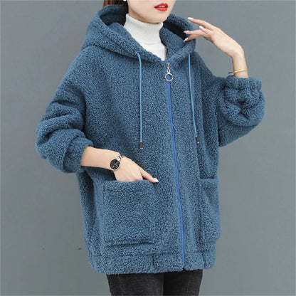 Women's Fleece Hooded Sweater – Solid Color, Lamb Cashmere, Cardigan Jacket, Plush, Autumn Winter Casual Coat