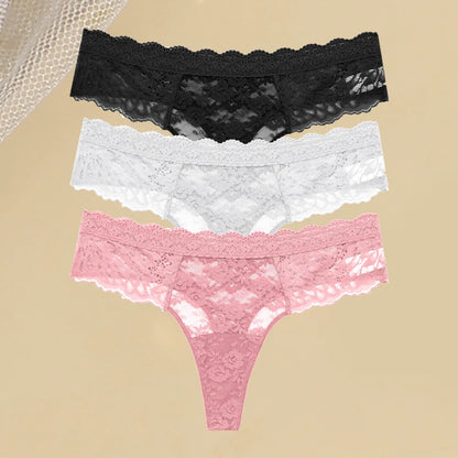 3PCS Lace Hollow Out Thong Panties – Sexy Floral Print, Solid Color, Low Waist, Breathable G-String Lingerie