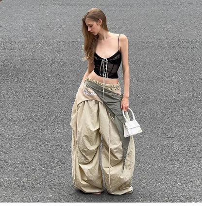 Fashion Contrast Color Patchwork Trousers – Elastic High Waist, Loose Fit, Wide Leg, Streetwear, Cargo Pants, New Arrival