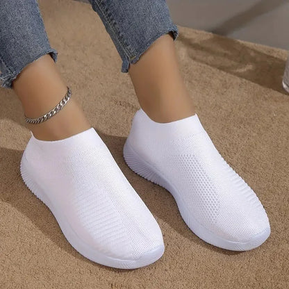 Solid Color Mesh Sneakers – Flying Woven Walking Fashion Slip-on Flat Shoes for Sports, Running, and Tennis