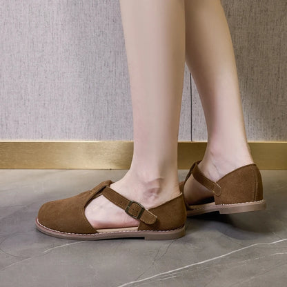 Flat-Soled Retro Frosted Genuine Leather Women's Sandals - New Hollow Roman Baotou Sandals for Women