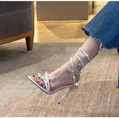 Luxury Crystal Embellished Butterfly Detail Women Sandals Sexy Coiled Strap High heels