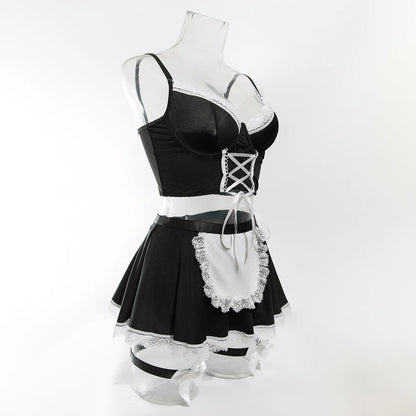 Maid Cosplay Lingerie Set – 5-Piece Sexy Lace Apron Uniform with Bow & Bandage Details