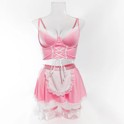 Maid Cosplay Lingerie Set – 5-Piece Sexy Lace Apron Uniform with Bow & Bandage Details