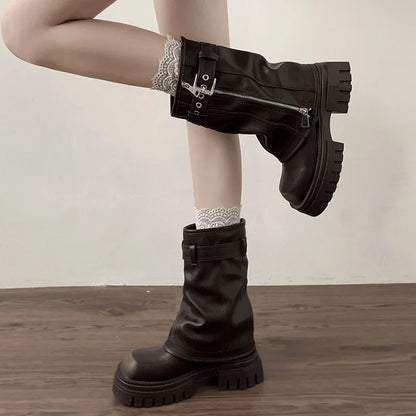 Biker Boots – Fashion Belt Buckle Ladies Elegant Platform Flats, Short Booties Casual Women’s Knight Booties, Winter Boots for Women