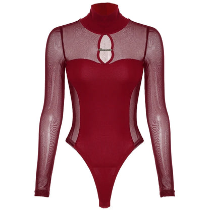 Hollow Out Mesh Bodysuit – Slim-Fit, Turtleneck, Long Sleeve, Korean Chic Elegance