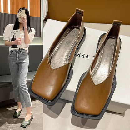 Flat Shoes Square Toe Single - Shoes Simple Temperament Leather Shoes Spring Round Toe Heels Women