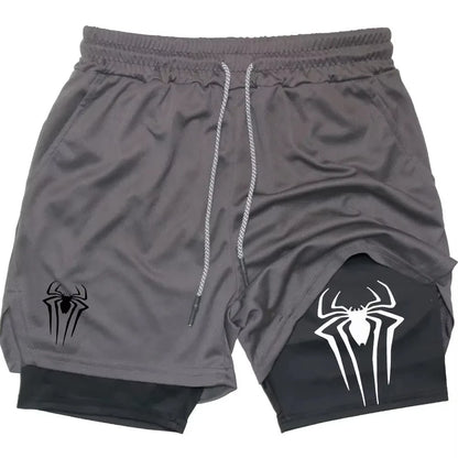 Y2K Performance Shorts Men – Spider Printed, Gym Casual Sports, Compression Shorts, Workout, Running, Mesh 2-in-1 Sport Shorts