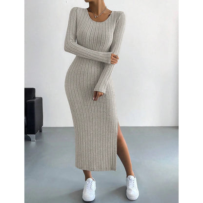 Dresses Fall Winter Knitted Stripe Split U Neck Elastic Basic Bodycon Full