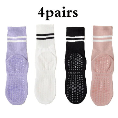 4 Pairs Medium length Socks, Pure Cotton Anti Slip Silicone Indoor Fitness Pilates