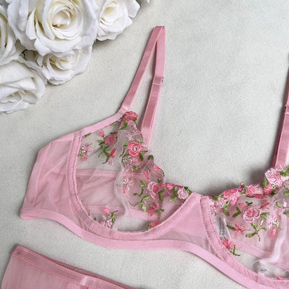 Lady's Fantasy Mesh Transparent Heavy Embroidery Floral Lingerie Set – Sexy Underwear for Women, 3-Piece Intimate Desire Hot Girl 18+