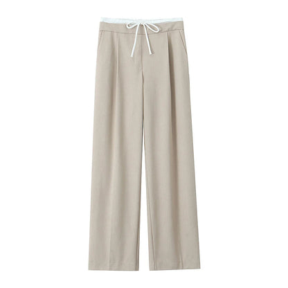 Women Fashion Straight Pants – Solid Color, Lace-Up, Side Zipper, Vintage Style, High Elastic Waist, Chic Lady Trousers