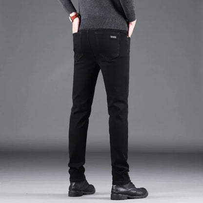 Men's Pure Black Slim Jeans – Elastic Straight Fit, Business Fashion, Leisure Style, Korean Vintage Denim Pants for Spring and Autumn