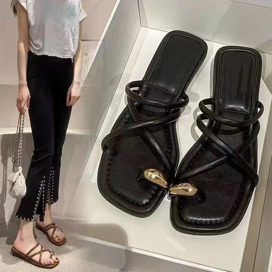 Slipper Flat Heel Roman Shoes - Low Heel Sandals, Open Toe Gladiator Footwear for Women, Summer Beach Sandals