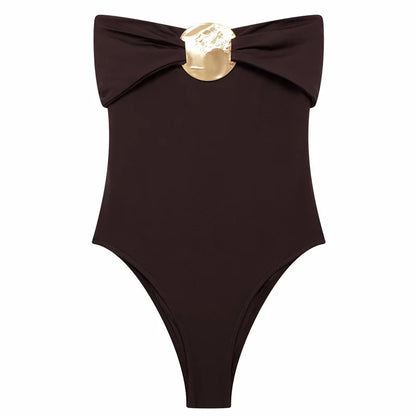 Women's Sexy Bodysuit – Sleeveless, Thong Design, Gold Glitter Bow, Corset Style, Off-Shoulder, Rave Festival Outfit