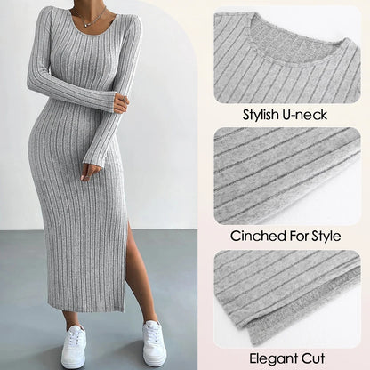 Dresses Fall Winter Knitted Stripe Split U Neck Elastic Basic Bodycon Full