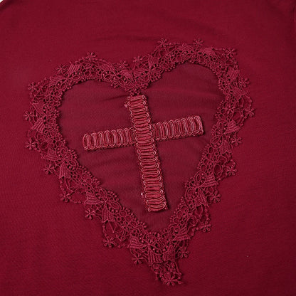 Red Skinny Bodysuit – Heart-Shaped Hollow Out, Sheer Patchwork, Full Sleeve, Vintage Chic Outfit