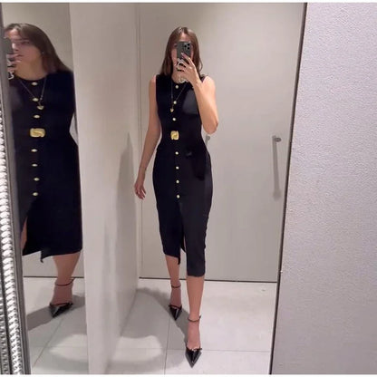 Urban Women Single-Breasted Dress – O-Neck, Sleeveless, Pocket Design, Mid-Length, Spring/Summer, Solid Color, Elegant Lady Robe
