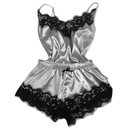 Fashion Nightwear Lace Trim Satin Cami Top Pajama Set – Sexy Hot Erotic Home Wear, Women's Sleeveless Sleepwear