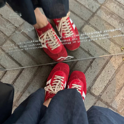 Casual Sneakers - Comfortable Deerskin Board Shoes, Lace-Up Flat Trainers for Women, Femmes Cuir Allemand Trainers, New Collection