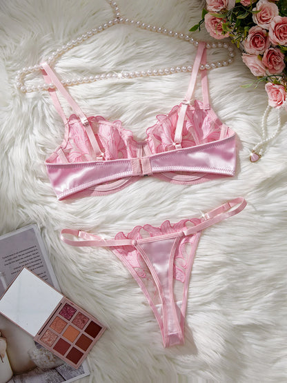Floral Embroidery Sexy Lingerie Set – Women Transparent Bralette, Underwire Push Up Bra, Panty 2-Piece Set