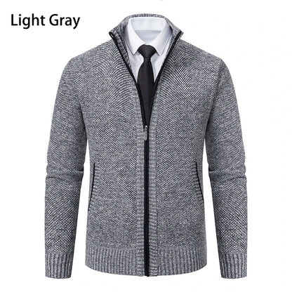 Jersey Men's Casual Sports Coat – Solid Color Stand Collar Sweater, Fleece-Lined, Warm Zipper Cardigan