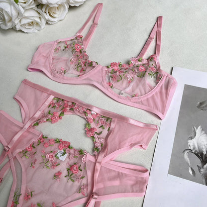 Lady's Fantasy Mesh Transparent Heavy Embroidery Floral Lingerie Set – Sexy Underwear for Women, 3-Piece Intimate Desire Hot Girl 18+