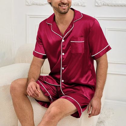 Men's Summer Pajamas Set – Short Sleeve, Button-Down Shirt with Pocket, Matching Shorts, Comfortable Loungewear Sleepwear