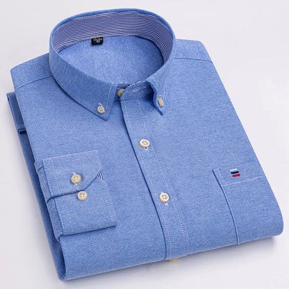 Men's 100% Cotton Shirt – Long Sleeve Plaid Oxford, Solid Color, Regular Fit Formal Dress Shirt, Available In Oversized