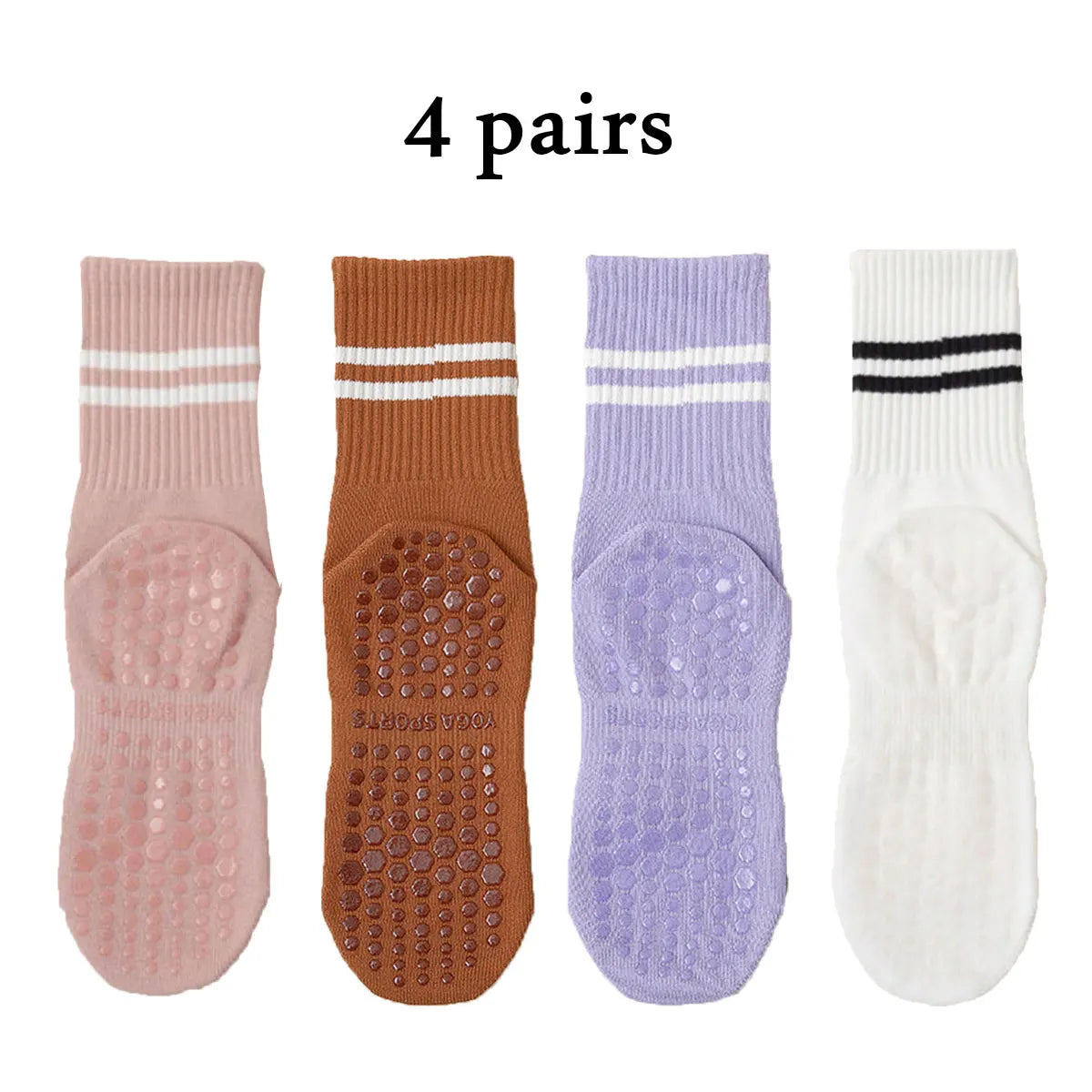 4 Pairs Medium length Socks, Pure Cotton Anti Slip Silicone Indoor Fitness Pilates