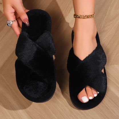Cross Warm Fluffy Furry Slippers Women – Lightweight Flat Heels, Fur Slides, Autumn Winter Open Toe Non-Slip Home Floor Shoes
