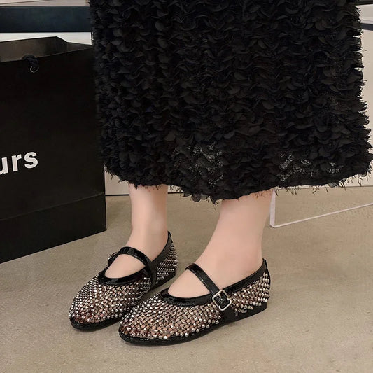Mesh Breathable Rhinestone Fashion - Versatile Women's New Foreign Style Niche Belt Flat Soft-Soled Mary Jane Shoes