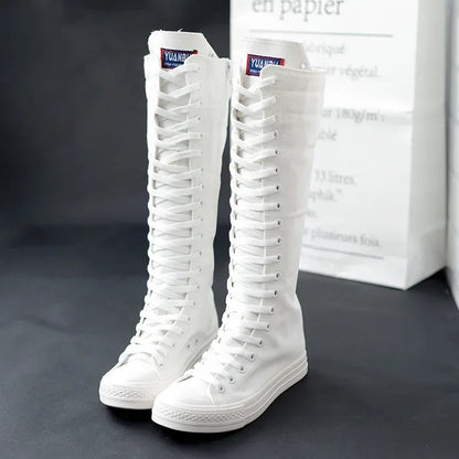 Women's Canvas Long Boots – High-Top, Lace-Up Knee-High Flats, Casual Vulcanized Sneakers