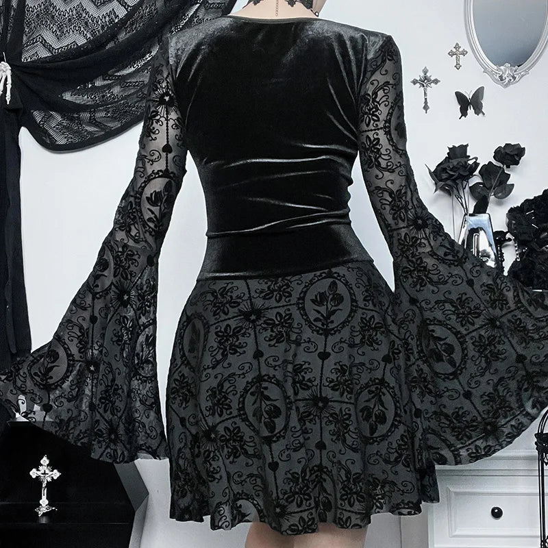 Gothic Long Sleeve Ruffle Mini Dress Women's Vintage V Neck Velvet Stretchy Bodycon