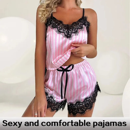 2PCS Women's V-Neck Sexy Lace Suspender Pajama Shorts Set – Casual Sleeveless Sexy Pajama Set