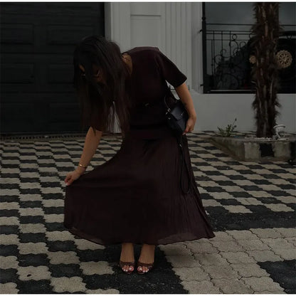 Chic Splicing Brown Maxi Dress – Half Sleeve, Pleated A-line, Slim Fit, Casual Office Commute Streetwear