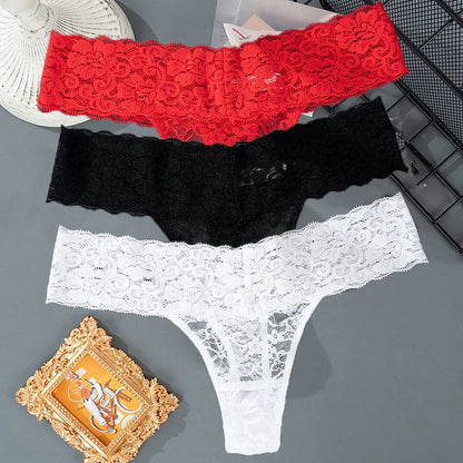 3PCS Lace Floral Thong Panties – Low Waist, Breathable, Sexy, Transparent, Solid Color Women's Underwear