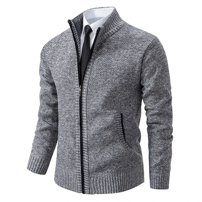 Jersey Men's Casual Sports Coat – Solid Color Stand Collar Sweater, Fleece-Lined, Warm Zipper Cardigan