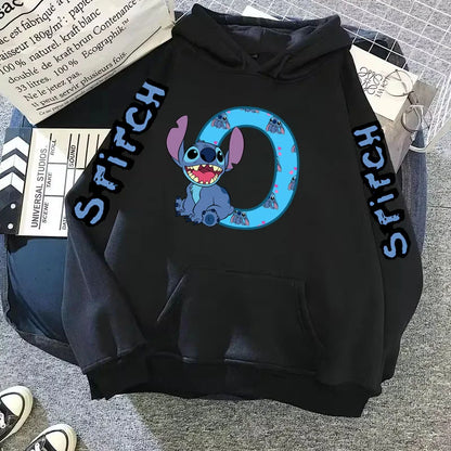 Women's Winter Disney Hoodie – Cute Kawaii Lilo & Stitch, Lucky Letter Print, Black, Fashion Couple Streetwear (Size S,M,L)