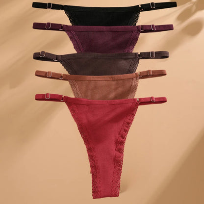 5PCS Sexy G-String Panties – Cotton, Adjustable Waist, Women's Bikini Thongs Lingerie