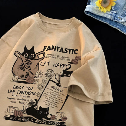 Oversized Cartoon Cat T-Shirt – Unisex Korean Style, Casual Short Sleeve Couple Tee