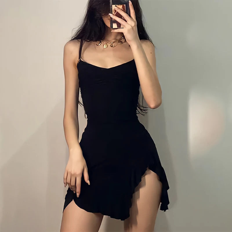 Mini Dress Women Sleeveless Streetwear Strap Backless Bodycon Folds Split Dress Party Club Elegant A- LINE